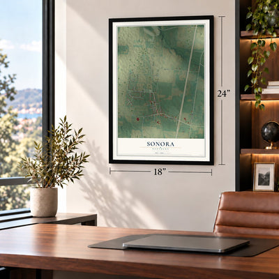 Sonora, Kentucky map, 18 x 24 inch print in a black frame in a home office