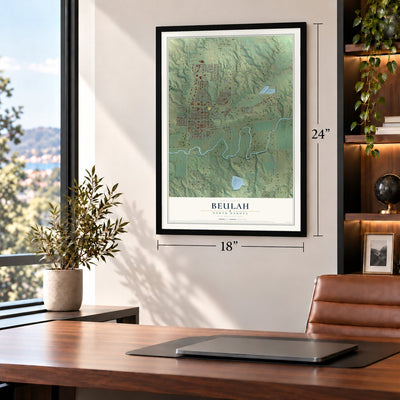 Beulah, North Dakota map, 18 x 24 inch print in a black frame in a home office
