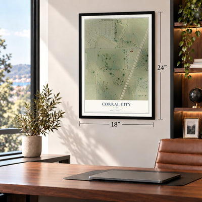 Corral City, Texas map, 18 x 24 inch print in a black frame in a home office