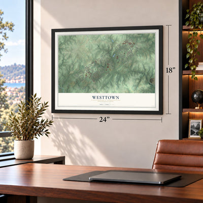 Westtown, Pennsylvania map, 18 x 24 inch print in a black frame in a home office