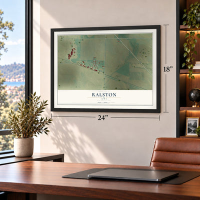 Ralston, Iowa map, 18 x 24 inch print in a black frame in a home office