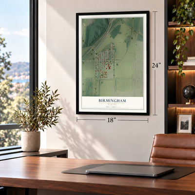 Birmingham, Missouri map, 18 x 24 inch print in a black frame in a home office