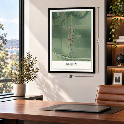 Griffin, Indiana map, 18 x 24 inch print in a black frame in a home office