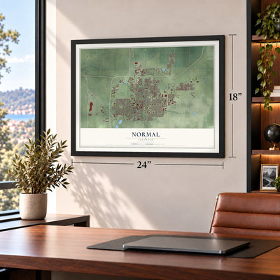 Normal, Illinois map, 18 x 24 inch print in a black frame in a home office