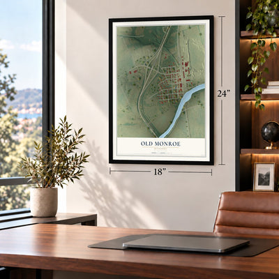 Old Monroe, Missouri map, 18 x 24 inch print in a black frame in a home office