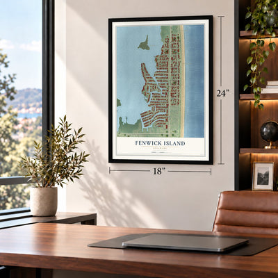 Fenwick Island, Delaware map, 18 x 24 inch print in a black frame in a home office