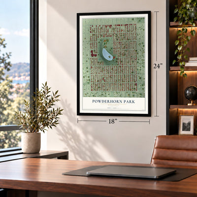 Powderhorn Park, Minnesota map, 18 x 24 inch print in a black frame in a home office