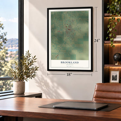 Brookland, Arkansas map, 18 x 24 inch print in a black frame in a home office