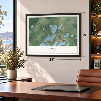 Avon, Minnesota map, 18 x 24 inch print in a black frame in a home office