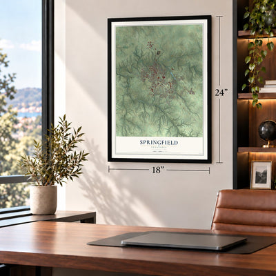 Springfield, Tennessee map, 18 x 24 inch print in a black frame in a home office