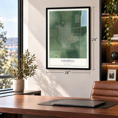 Cogswell, North Dakota map, 18 x 24 inch print in a black frame in a home office