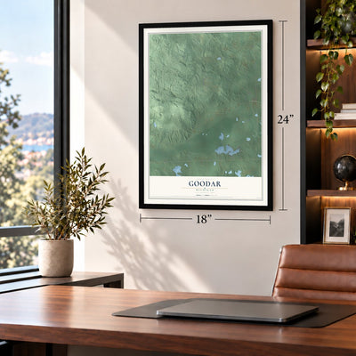 Goodar, Michigan map, 18 x 24 inch print in a black frame in a home office
