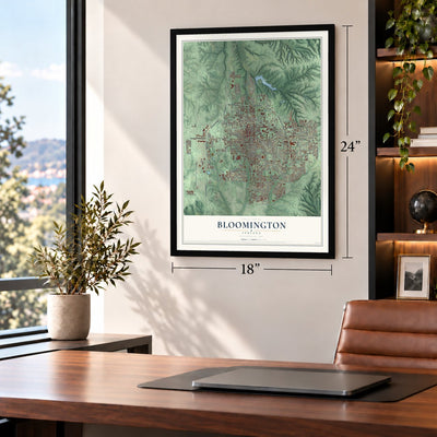 Bloomington, Indiana map, 18 x 24 inch print in a black frame in a home office