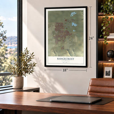Ridgecrest, California map, 18 x 24 inch print in a black frame in a home office