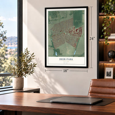 Deer Park, New York map, 18 x 24 inch print in a black frame in a home office
