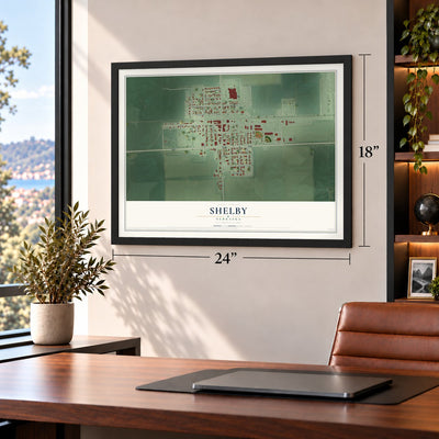 Shelby, Nebraska map, 18 x 24 inch print in a black frame in a home office