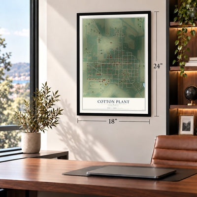 Cotton Plant, Arkansas map, 18 x 24 inch print in a black frame in a home office