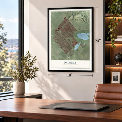 Pacoima, California map, 18 x 24 inch print in a black frame in a home office