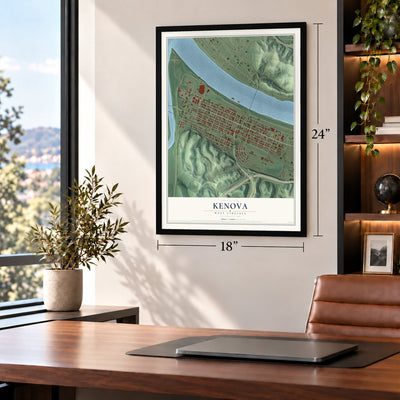 Kenova, West Virginia map, 18 x 24 inch print in a black frame in a home office