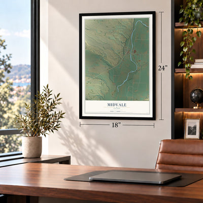 Midvale, Idaho map, 18 x 24 inch print in a black frame in a home office