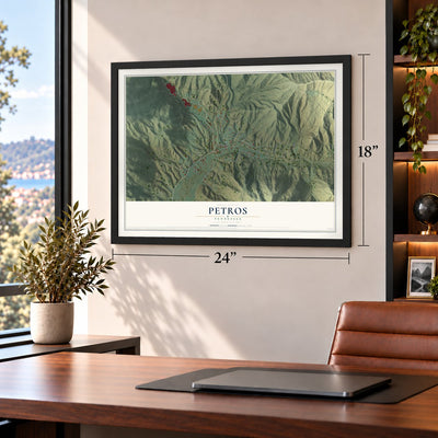 Petros, Tennessee map, 18 x 24 inch print in a black frame in a home office