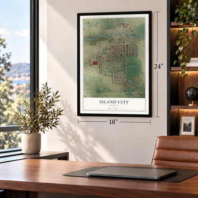 Island City, Oregon map, 18 x 24 inch print in a black frame in a home office