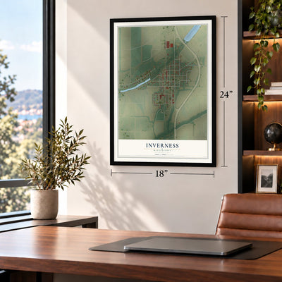 Inverness, Mississippi map, 18 x 24 inch print in a black frame in a home office