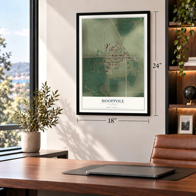 Hooppole, Illinois map, 18 x 24 inch print in a black frame in a home office