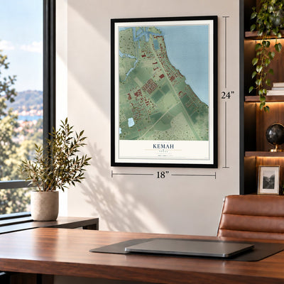 Kemah, Texas map, 18 x 24 inch print in a black frame in a home office