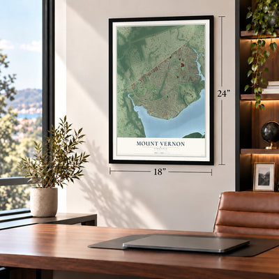 Mount Vernon, Virginia map, 18 x 24 inch print in a black frame in a home office