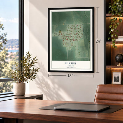 Ulysses, Nebraska map, 18 x 24 inch print in a black frame in a home office