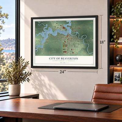 Beaverton, Michigan map, 18 x 24 inch print in a black frame in a home office