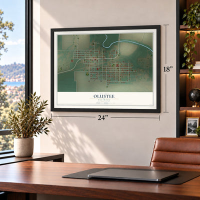Olustee, Oklahoma map, 18 x 24 inch print in a black frame in a home office