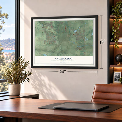 Kalamazoo, Kalamazoo County, Michigan map, 18 x 24 inch print in a black frame in a home office