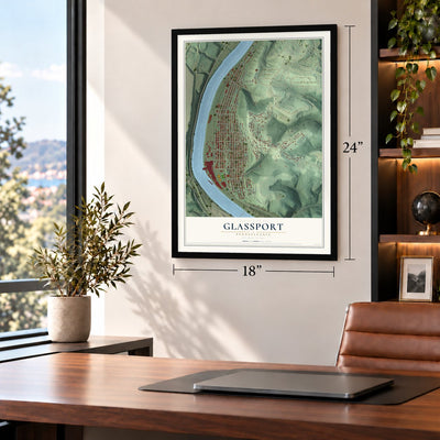 Glassport, Pennsylvania map, 18 x 24 inch print in a black frame in a home office