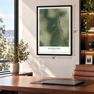 Covington, Texas map, 18 x 24 inch print in a black frame in a home office