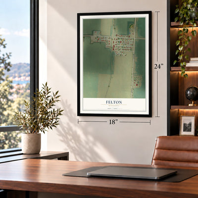 Felton, Minnesota map, 18 x 24 inch print in a black frame in a home office