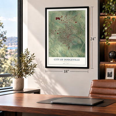 Dodgeville, Wisconsin map, 18 x 24 inch print in a black frame in a home office