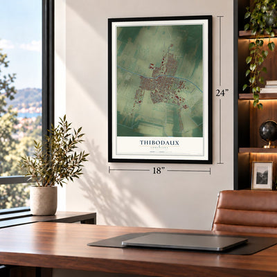 Thibodaux, Louisiana map, 18 x 24 inch print in a black frame in a home office