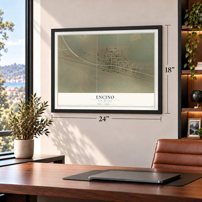 Encino, New Mexico map, 18 x 24 inch print in a black frame in a home office