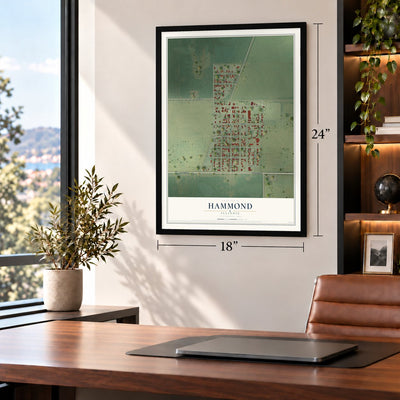 Hammond, Illinois map, 18 x 24 inch print in a black frame in a home office