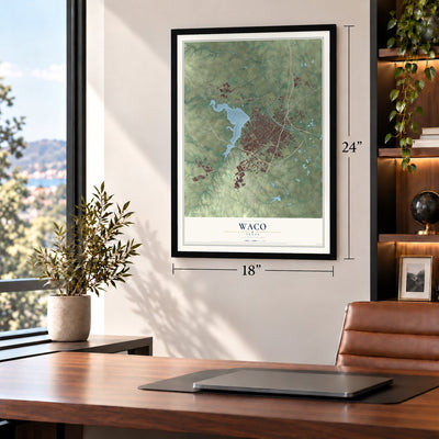Waco, Texas map, 18 x 24 inch print in a black frame in a home office