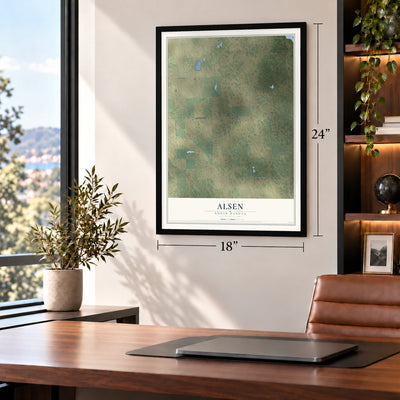 Alsen, North Dakota map, 18 x 24 inch print in a black frame in a home office