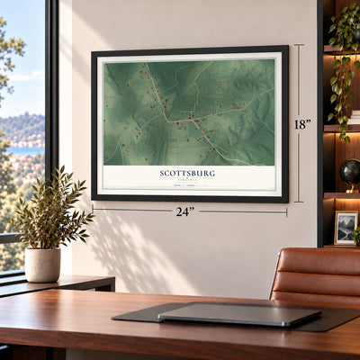Scottsburg, Virginia map, 18 x 24 inch print in a black frame in a home office