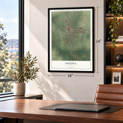 Nocona, Texas map, 18 x 24 inch print in a black frame in a home office