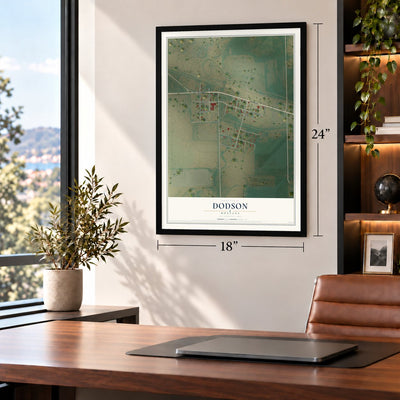 Dodson, Montana map, 18 x 24 inch print in a black frame in a home office