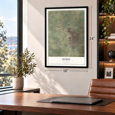 Hobbs, New Mexico map, 18 x 24 inch print in a black frame in a home office