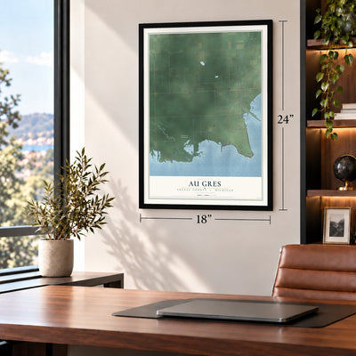 Au Gres, Arenac County, Michigan map, 18 x 24 inch print in a black frame in a home office