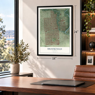 Brookfield, Illinois map, 18 x 24 inch print in a black frame in a home office