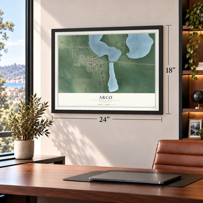 Arco, Minnesota map, 18 x 24 inch print in a black frame in a home office